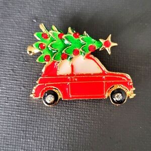 Festive Red Car Brooch with Christmas Tree